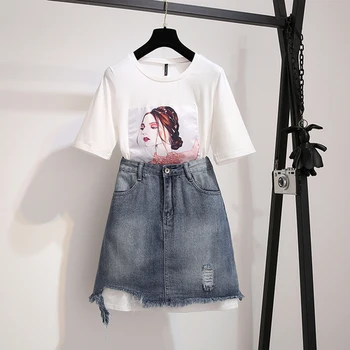 

HAMALIEL M-4XL Summer Fashion Two Piece Set Women Character Beading Long T-Shirt Suits + Plus Size Jeans Tassel Mini Skirt Set