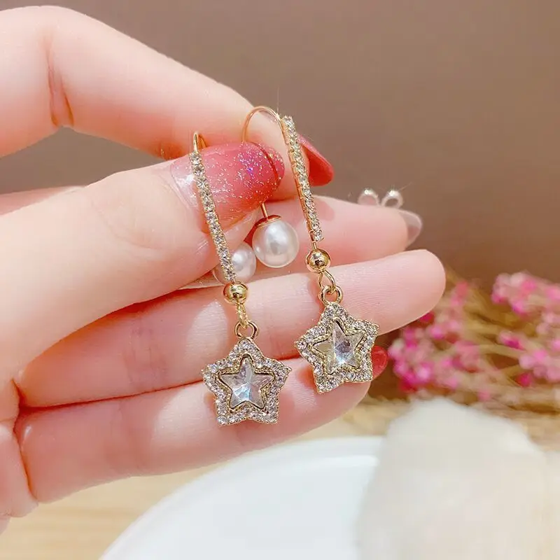 Vintage Gold Color Hook Pearl Crystal Star Drop Earrings For Women