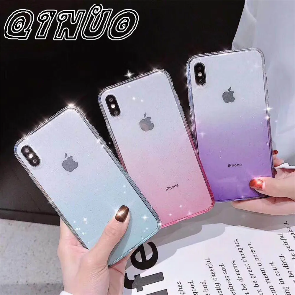 

Gradient Diamond Edge Clear Case For iPhone 6 6s Plus X XS Max 7 8 Plus Soft Silicone Glitter Powder Back Cover Capa Funda Coque