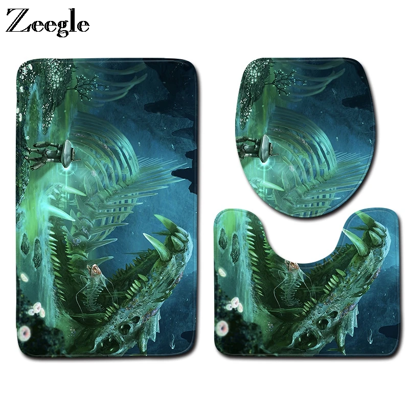 Zeegle 3pcs Toilet Set Anti Slip Toilet Pedestal Rug Foot Mat Flannel Soft Toilet Seat Cover Mat Absorbent Washable Bath Mat Set