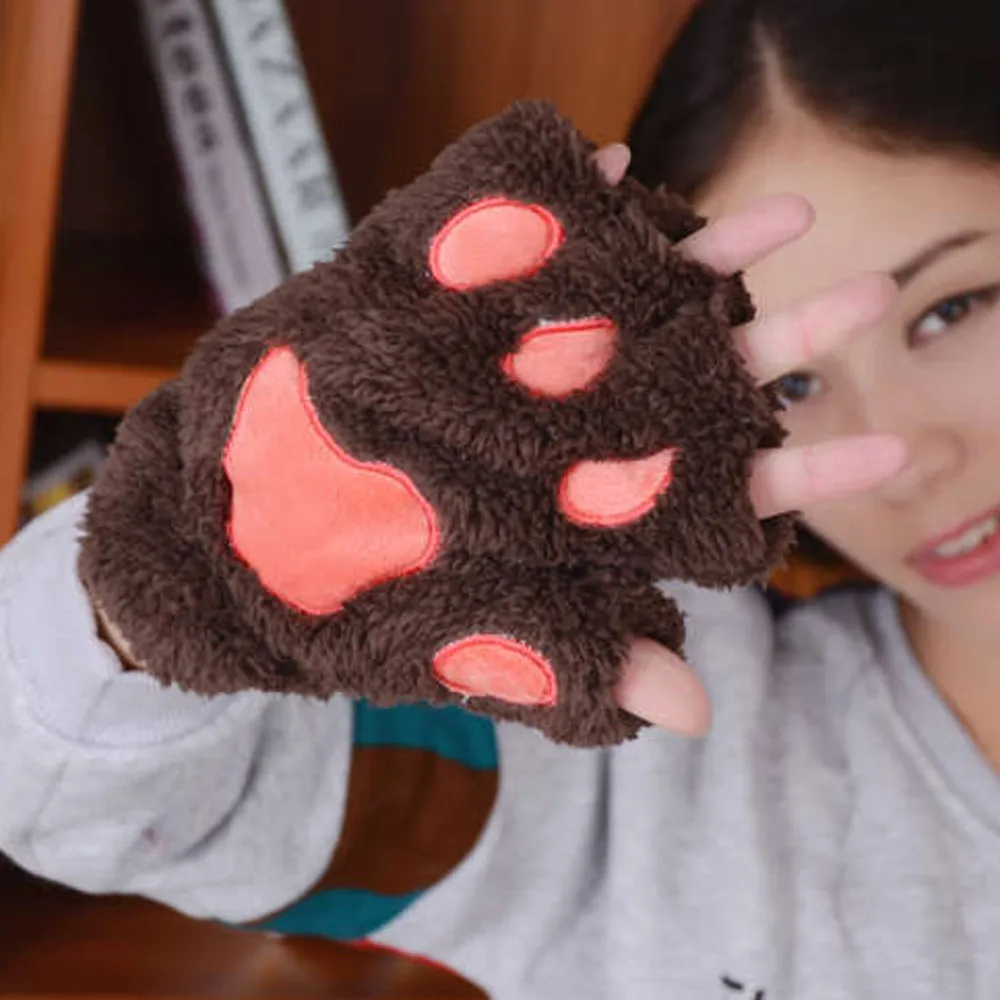 1 пара Hoot Kawaii Зимние перчатки для женщин леди девушки теплые лапы перчатки милые без пальцев пушистый медведь кошка плюшевая лапа Косплей рукавицы
