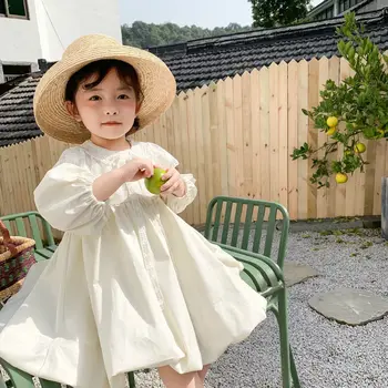

2020 Spring New korean style cotton long sleeve loose princess party dress with lace collar for fashion sweet baby girls