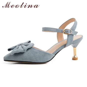 

Meotina High Heels Women Pumps Bow Stiletto High Heel Party Shoes Elegant Buckle Pointed Toe Shoes Ladies Pink Plus Size 33-43