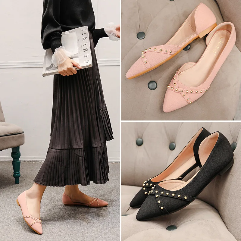 

Four Seasons Shoes Women's 2019 Autumn New Style Low-Cut Side Cutouts Pointed Flat Late Late Side Scoop Bootie Versatile Rivet G