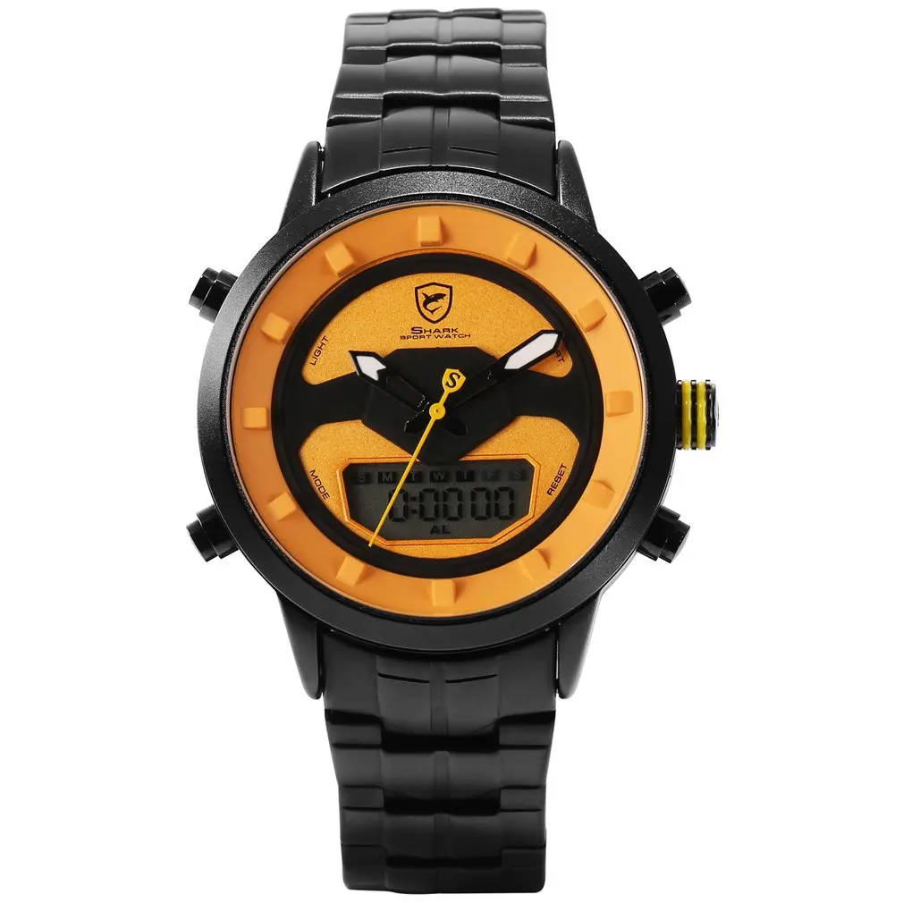 

Requiem Shark Sport Watch Fashion LCD Yellow Waterproof Date Alarm Stopwatch Mens Outdoor Stainless Steel Digital Watches /SH553