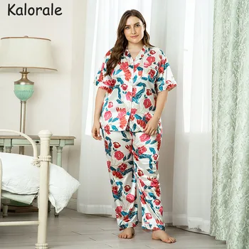 

2PCS Pajamas Sets Women Imitation Silk Short Sleeve Home Wear Ladies Sexy Satin Tops+Pants Nightgown Autumn Plus Size Sleepwear