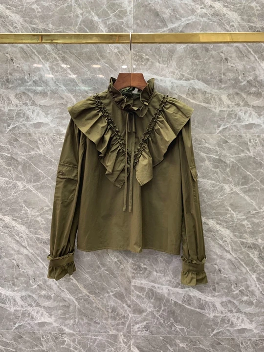 

2019 Early Autumn New Woman Press Fold Lotus Edge Stitching Necklace with Long Sleeve Hundred Lay Top 804