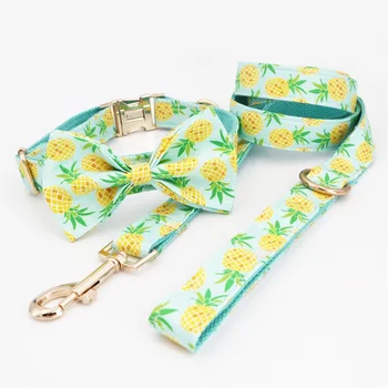 

pineapple dog collar and leash set with bow tie ,metal buckle,free engrave name ,telphone number