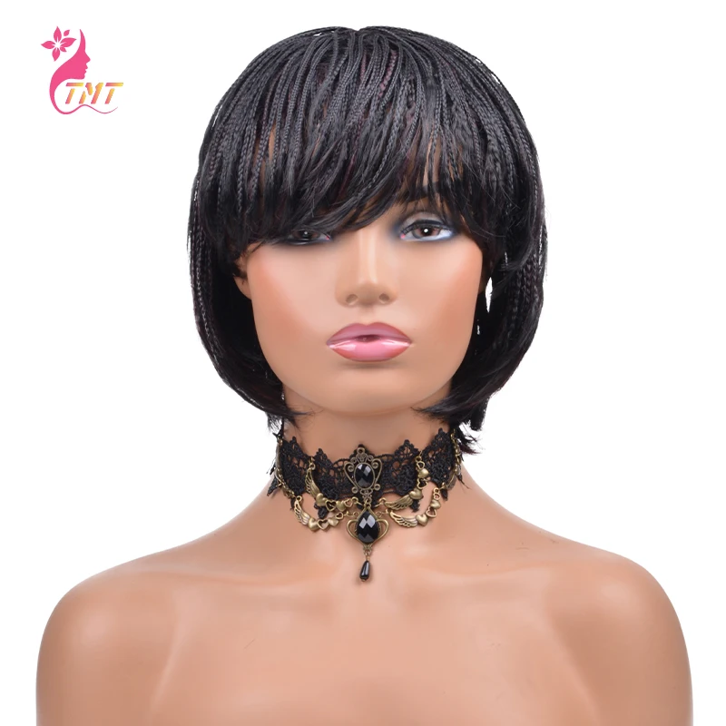 Short Braided Wig with Bangs Synthetic Box Braids Crochet Braiding Wigs for Women Heat Resistant Pixie Cut Micro Braided Wig