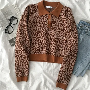 

Leopard Fashion Knitting Sweater Women Autumn Turn-down Collar Long Sleeve Contrast Color Loose Top Pullover Female Loose Tops
