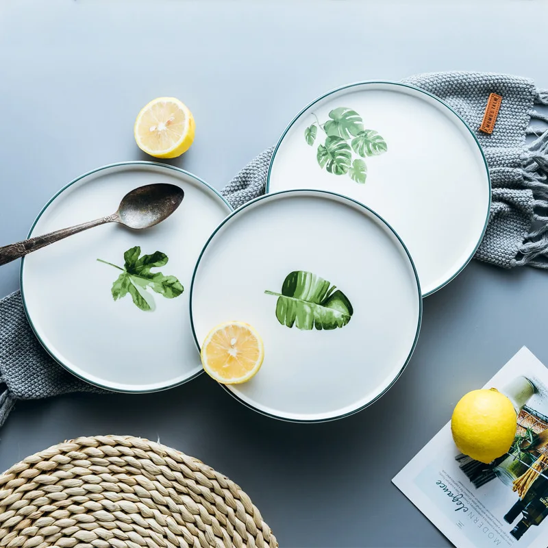 

Tableware Green Plant Plate Nordic Ceramic Tableware Creative Ceramic Plate Simple Western Restaurant Steak Plate