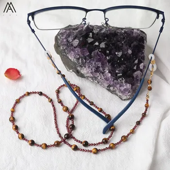 

Natural Tiger Eye Stone Beads Sunglasses Chains Holder Necklace,Gold Color Cord Strap Beads Reading Eyeglasses Chains 14.5Inch