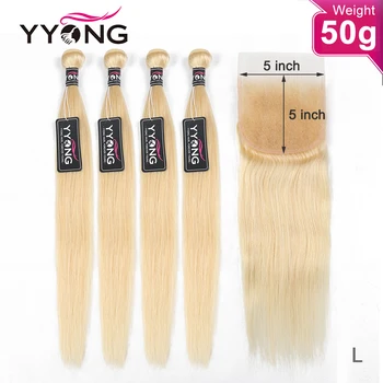 

YYong 50g 5/ 6 Lot 613 Bundles With 5x5 Closure Remy Human Hair Honey Blond 613 Brazilian Straight Lace Closure With Bundles