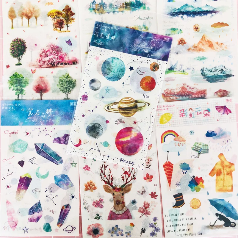 Paquete de pegatinas de papel Washi para decoración de cuentas de teléfono, pegatinas de papel Washi para paisaje de planetas hermosos, 2 hojas por paquete, 7 estilos a elegir