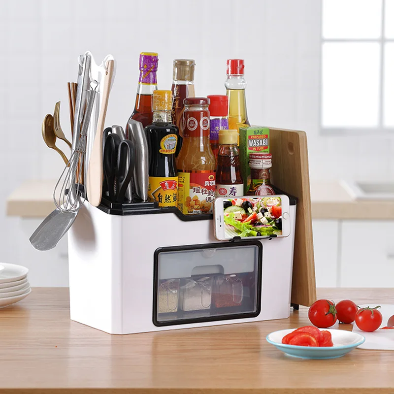 Kitchen Racks Multi-Function Kitchen Organizer Plastic Seasoning Box Multi-Grid Storage Box Large Knife Holder Chopping Tool