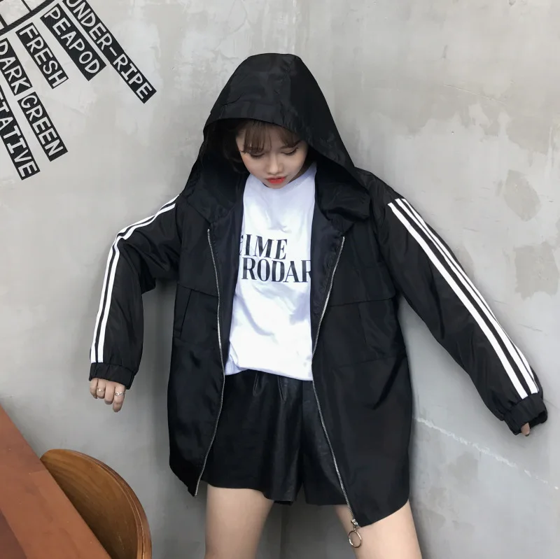 

Photo Shoot 2019 Spring New Style WOMEN'S Dress Versatile Loose-Fit Stripes Webbing Jacket Hooded Light Jacket Women's