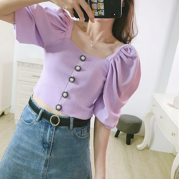 

Sexy Crop Top Sweater Women 2020 Runway Designer Shirt Square Collar Puff Sleeve Short Pullover Short White Knitted Knitwear