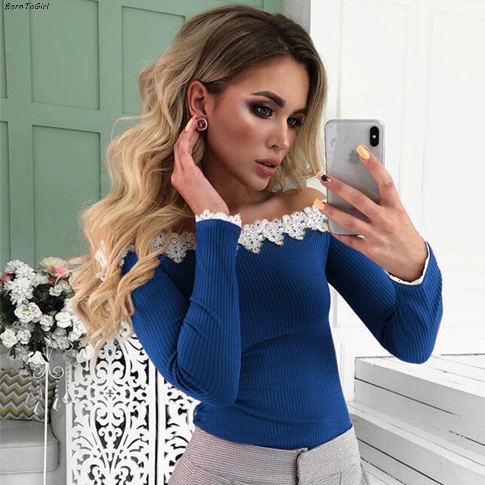 

BornToGirl 2019 Autumn Winter Women Slash Neck Long Sleeve Blue Gray Red Green Sexy Lace Stitching T-Shirts