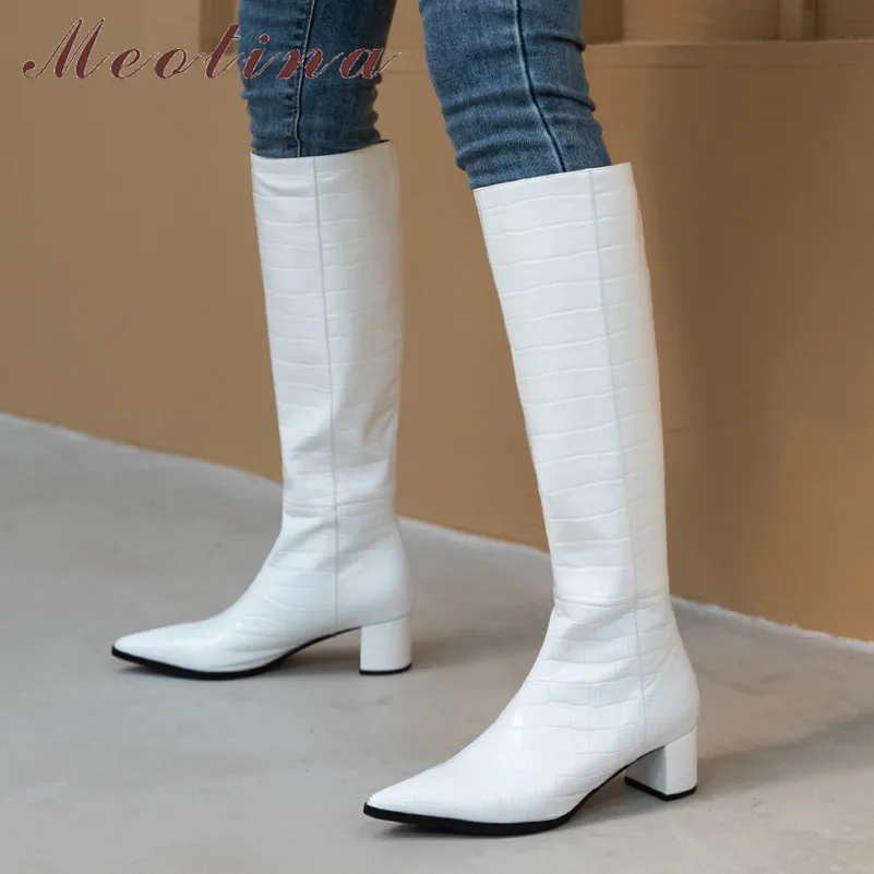 

Meotina Genuine Leather Mid Heel Knee High Boots Women Shoes Pointed Toe Thick Heels Slip-On Long Boots Ladies Autumn Brown 40