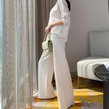 

Women Solid Sportswear Two Piece Set Vintage Long Sleeve Top High Waist Wide Leg Pants Casual Suit