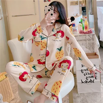 

Autumn Long Sleeve Lapel Women Pajamas Set Pineapple Girl Print Sleep Wear Pyjamas 2 Piece Winter Nightwear Plus Size Lingere