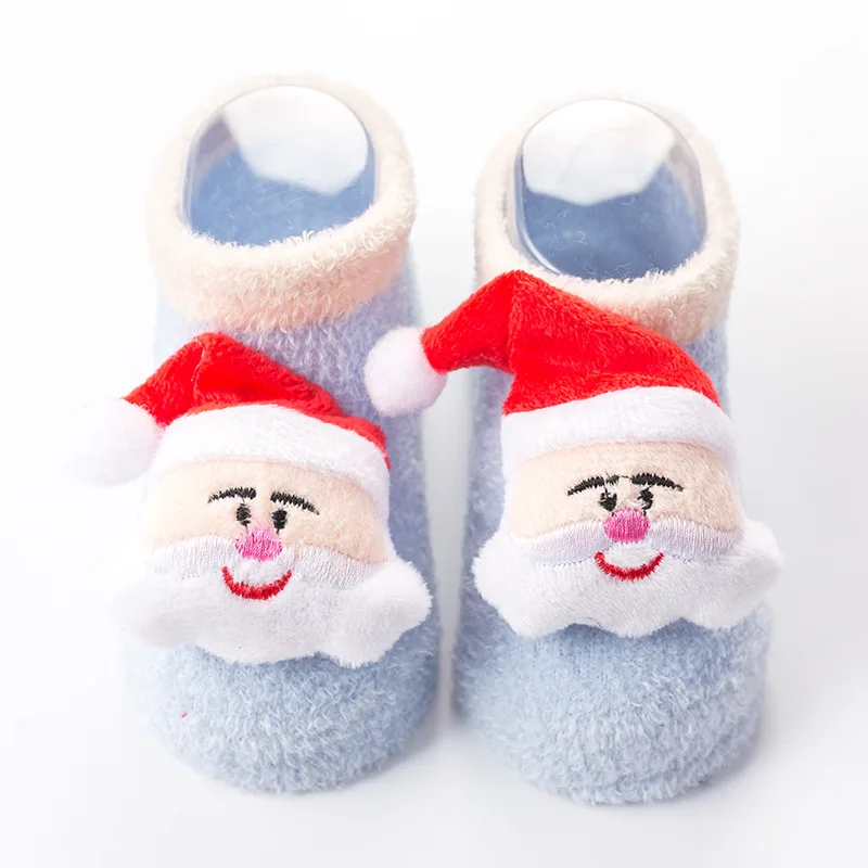 Носки для малышей рождественские Нескользящие Короткие Носки с рисунком для малышей, зимние теплые милые носки для маленьких девочек и мальчиков - Цвет: Blue Santa Claus