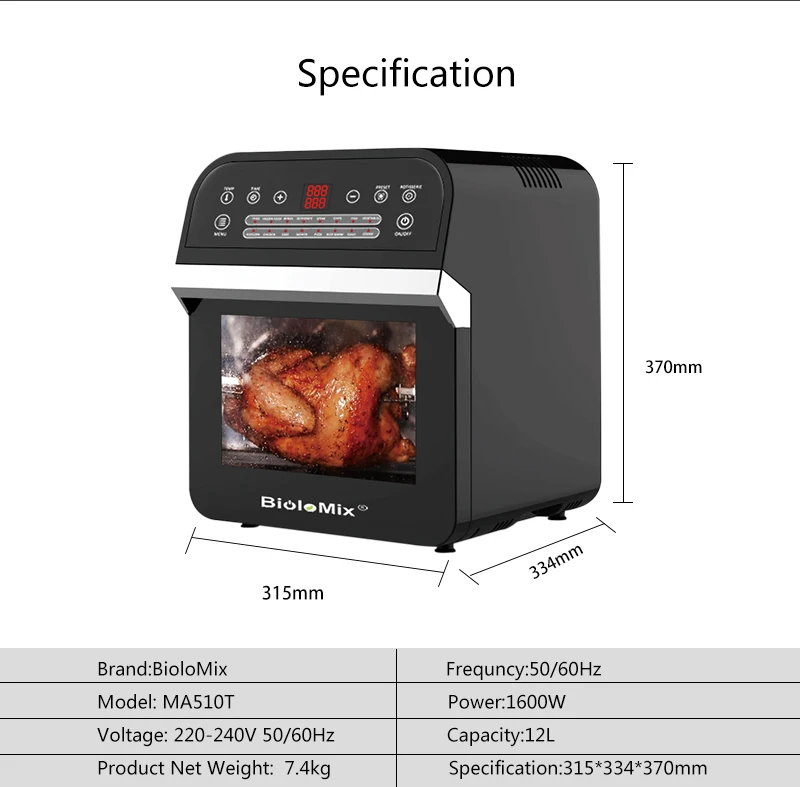 BioloMix 12L 1600W Air Fryer Oven Toaster Rotisserie and Dehydrator With LED Digital Touchscreen, 16-in-1 Countertop Oven - Image 6