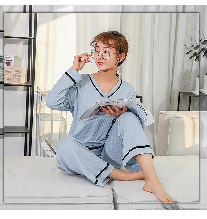 Autumn New Pyjamas Ladies Cotton V-neck Pajamas Strip Simple Long-sleeved Two-piece Pajama Set Solid Sleepwear Home Clothes