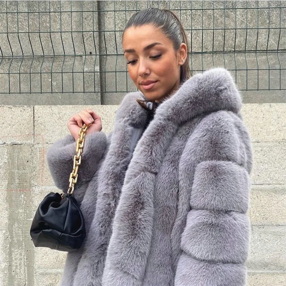 Mid-length Real Fox Fur Jacket with Hood Woman Winter Fashion Whole Skin Genuine Fox Fur Coats Female Thick Warm Fur Overcoat