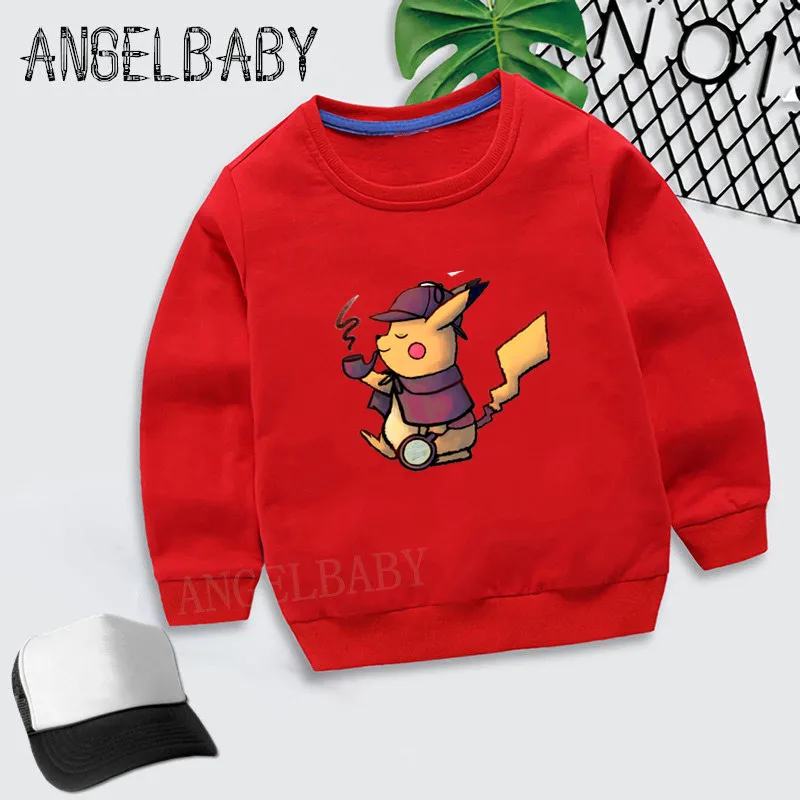 Kids Detective Pikachu Cartoon Print Hoodies Boys Girls Sweatshirt Children Autumn Tops Baby Cotton Clothes,KYT5290 - Цвет: 5290G-Red-