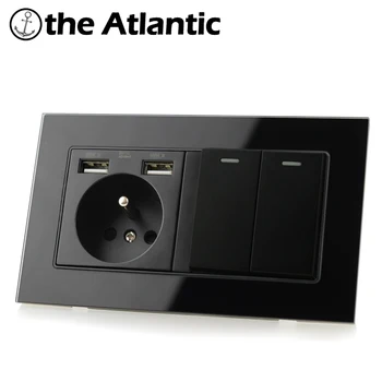 

FR Socket Power Outlet Dual USB Charging Port 1 2 3 4 Gang Light Switch Rocker Double Socket Black Glass Frame 146mm*86mm