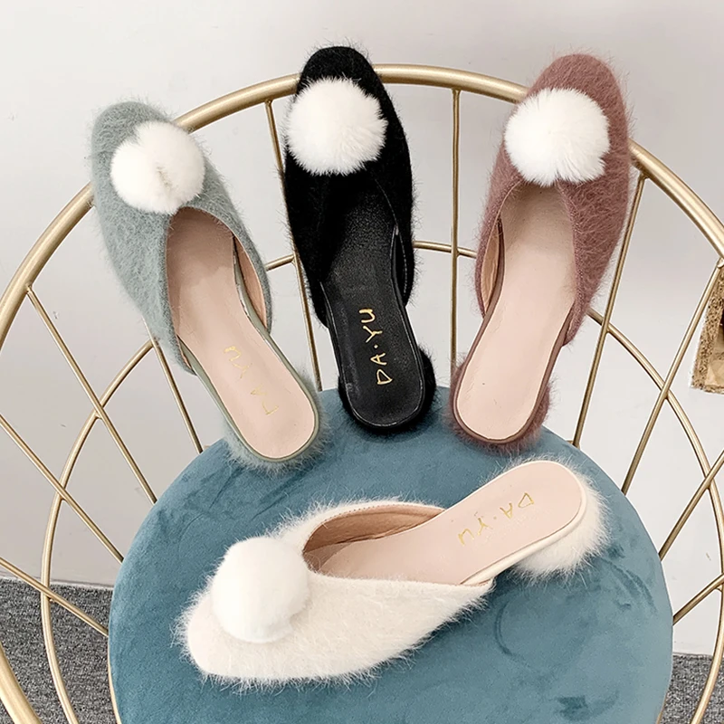 

Mules Womens Shoes Women's Slippers 2019 Cover Toe Low Luxury Slides Square heel Flock Pokemon Plush New Soft Designer