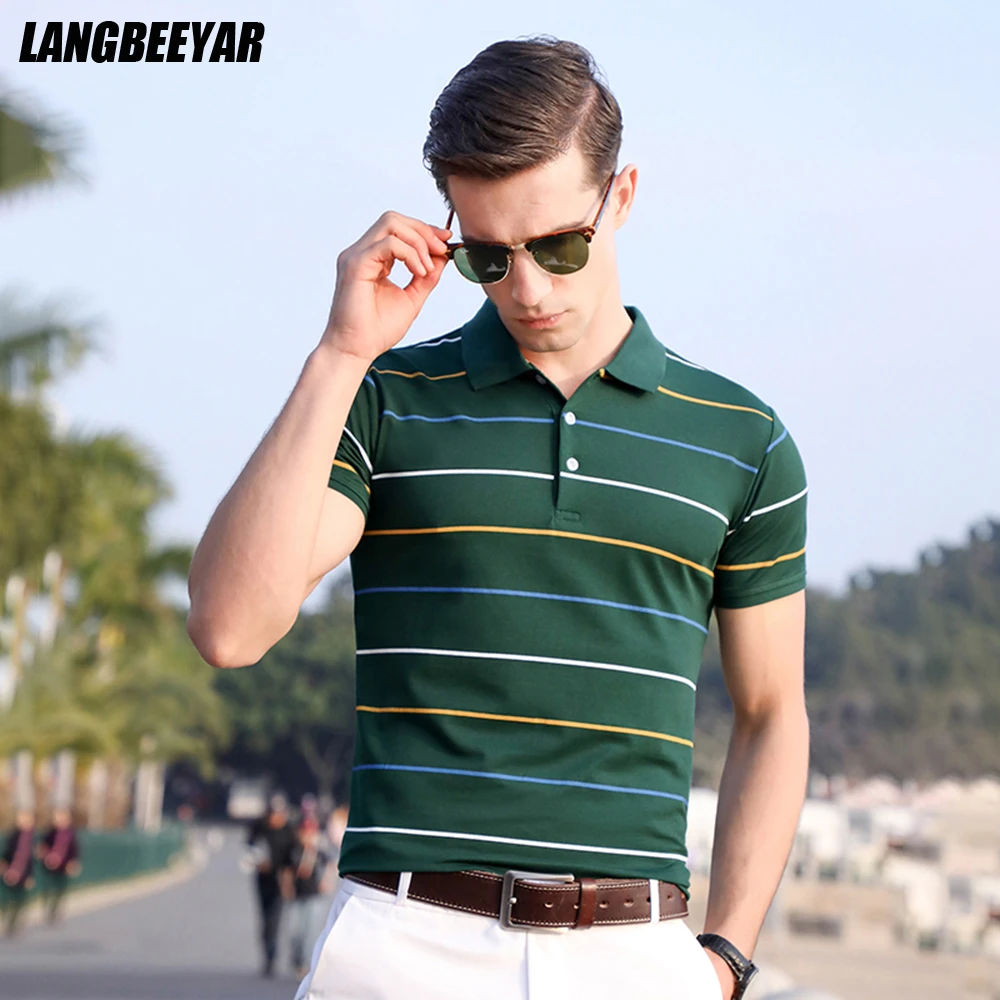 Polo a rayas con cuello vuelto para hombre, de manga corta, ropa de moda de marca de verano, novedad|Polo| - AliExpress