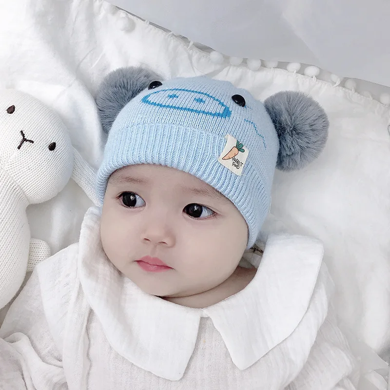 

Children's Hat Autumn Winter New Coarse Knit Hat Pig-shaped Baby Dome Ball Cap Elastic Cotton Knit Earmuffs Newborn Hat