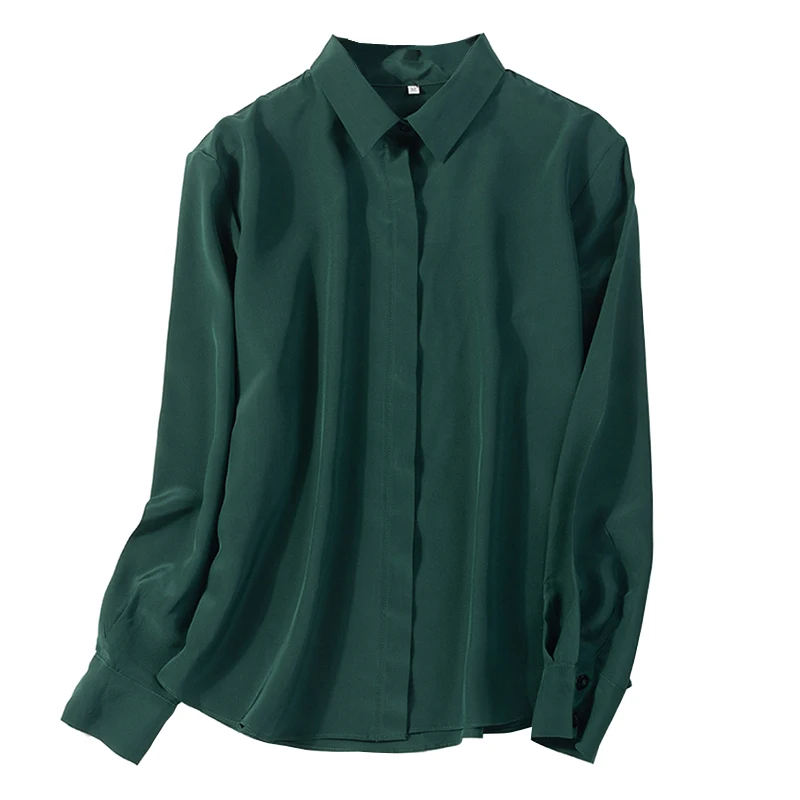 100 Natural Silk Blouses Dark Green Long Sleeve Real Silk Chiffon