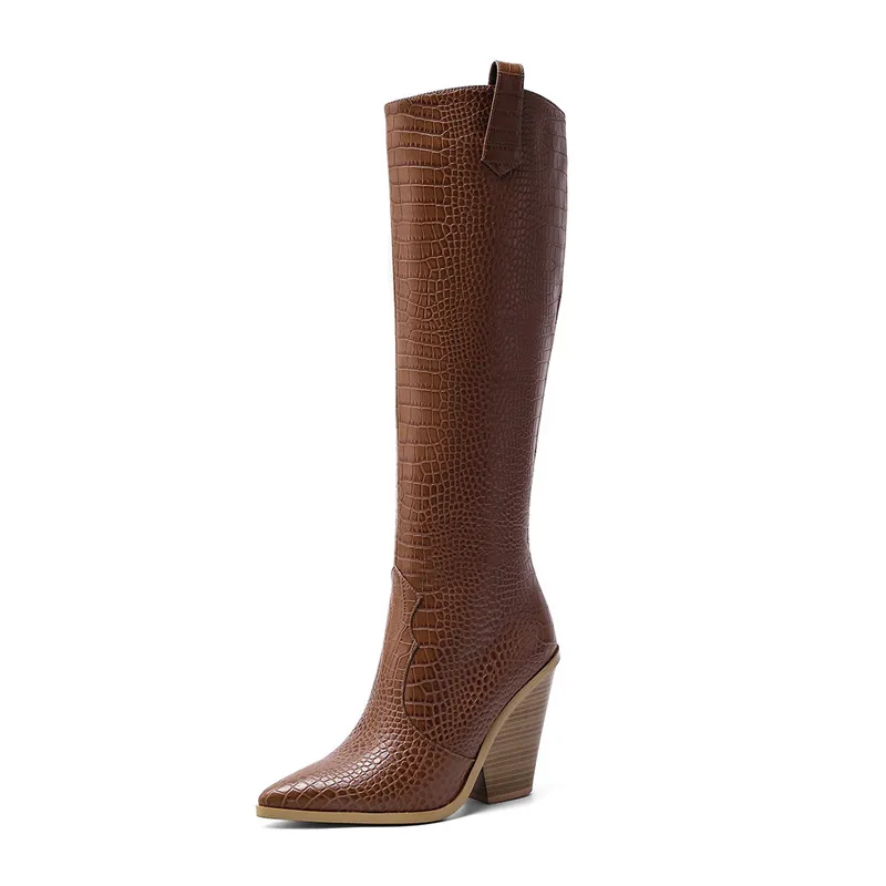 MORAZORA/ г.; Новое поступление; модные зимние сапоги до колена; женские ковбойские сапоги на высоком толстом каблуке с острым носком; большие размеры 34-46 - Цвет: brown