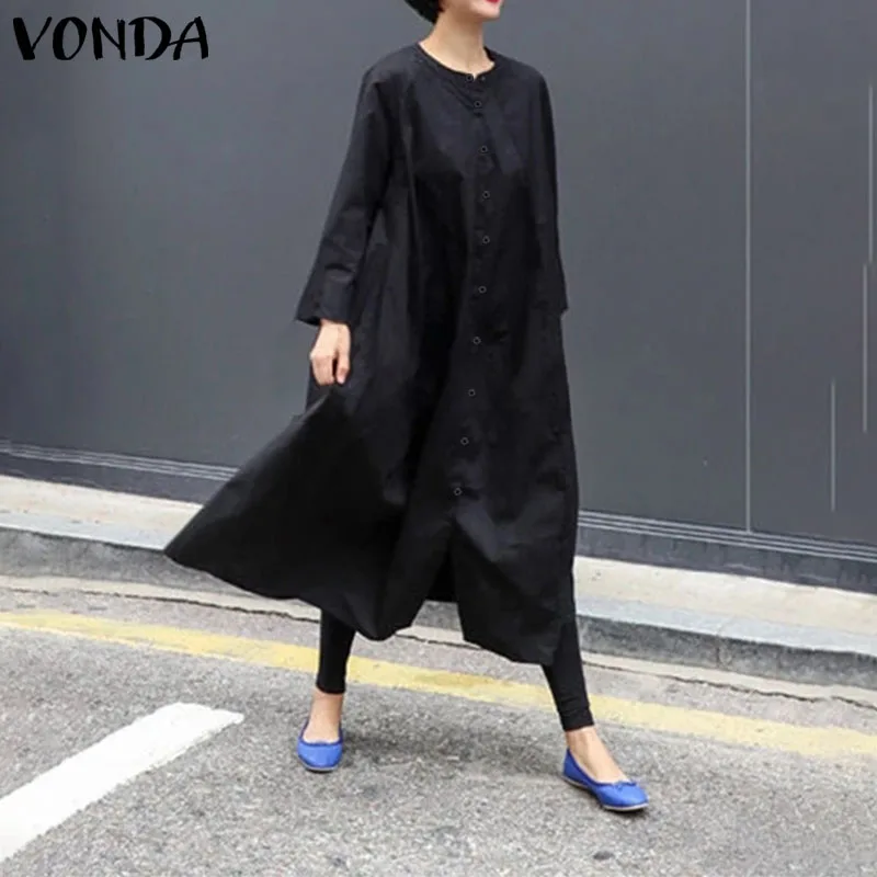 VONDA, женское платье-рубашка,, Повседневный Сарафан, пуговицы, длинный рукав, круглый вырез, платье размера плюс, богемное, Vestidos, свободное платье, S-5XL