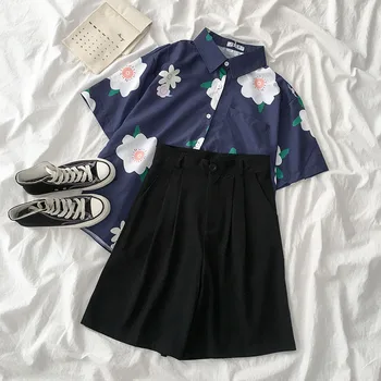 

Vintage Fashion Short Suit 2020 Summer Vintage Floral Pattern Short Sleeve Blouse +high Waist Black Wide Leg Shorts Matching Set