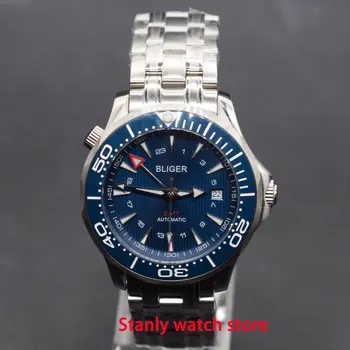 

Sapphire crystal Bliger 41mm blue dial ceramic bezel luminous marks GMT function stainless steel automatic movement mens watch