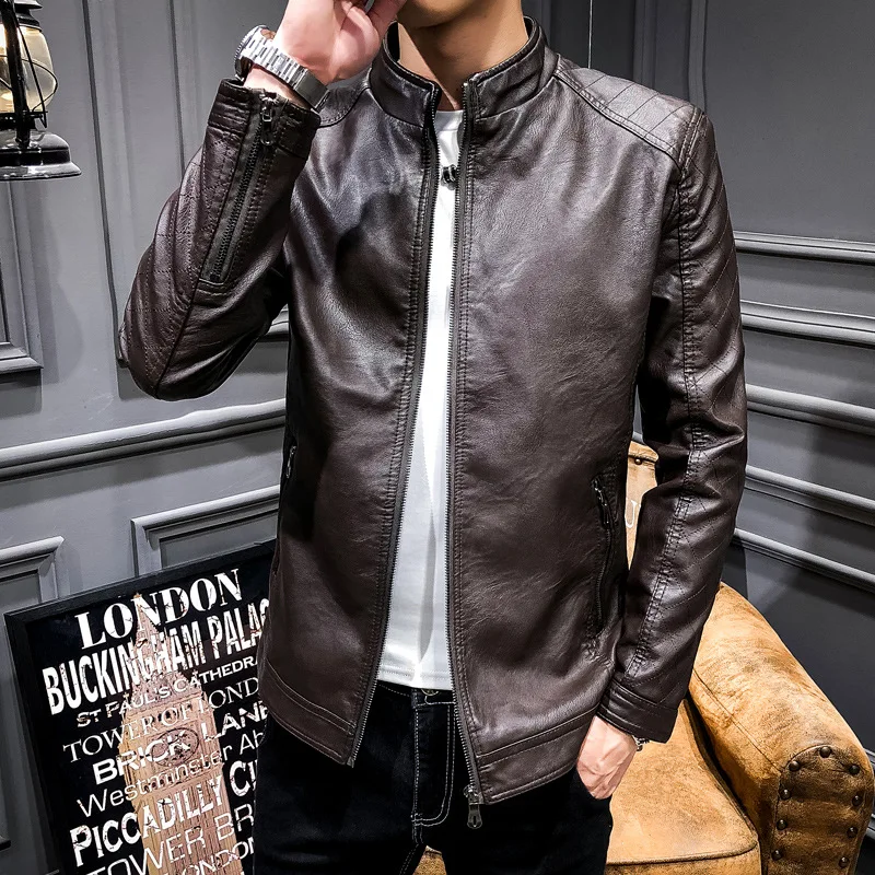 

Season Men's Pu Leather Coat Male Plus Velvet Leisure Male Coat Li Collar Slim Fit Leather Jacket Trend Youth Men's Wear