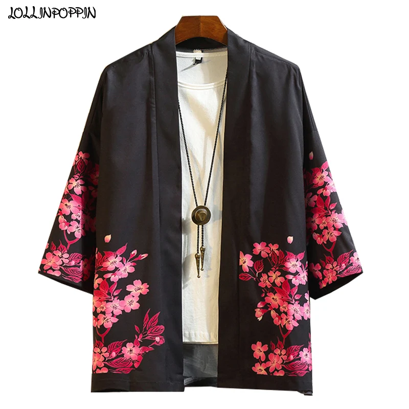 Hot Sale Japan Style Sakura & Crane Printed Kimono Jacket Men Thin Coat ...