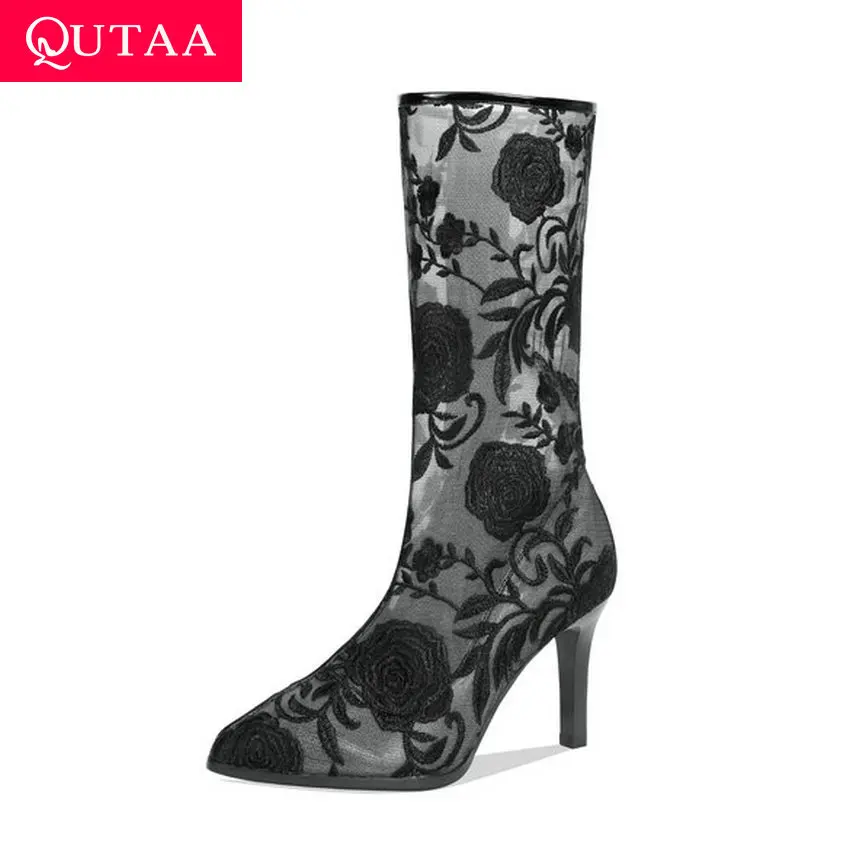 QUTAA/Женская обувь с цветочной вышивкой из сетчатого материала женские