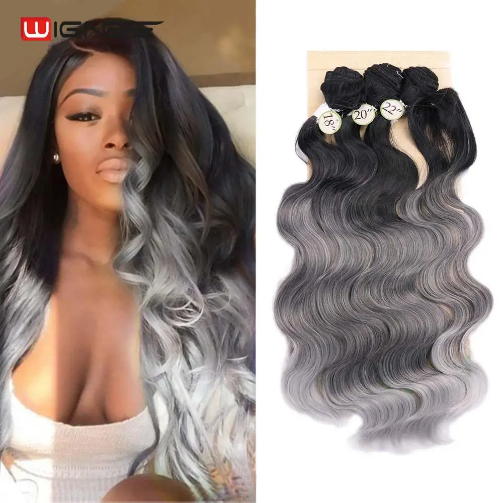 Wignee 4pcs/Lot 3 Bundles With Closure Wave Synthetic For Women Heat Resistant Blue/Purple/Brown/Grey Hair For Women Extensions