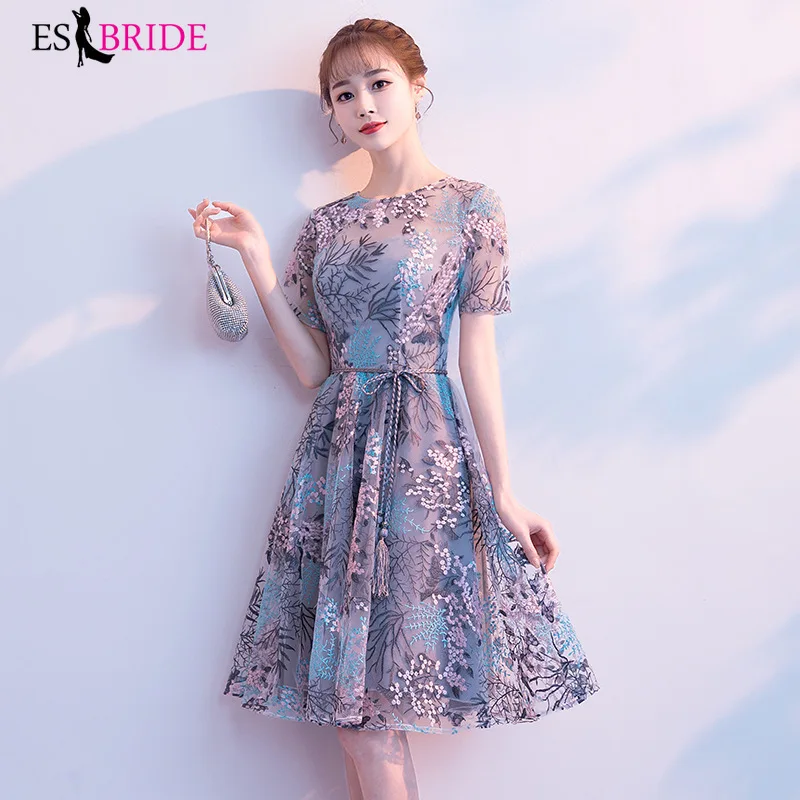 

Sexy Floral Embroidery Cocktail Dresses ES30100 A-Line Scoop Neck Short Sleeves Elegant Evening Party Gowns Vestidos De Festa