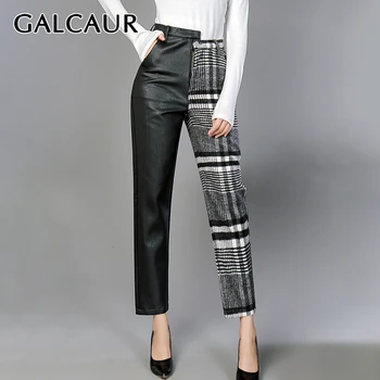 

GALCAUR Patchwork Plaid PU Length Trousers For Women High Waist Hit Colors Asymmetrical Pants Female 2020 Autumn Fashion Clothes