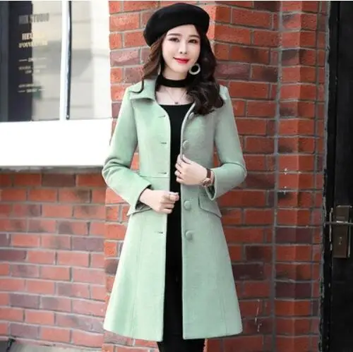 pea green Однобортный облегающий женский топ, верхняя одежда, модная осенне-зимняя ветровка с лацканами, шерстяная куртка, элегантные женские пальто больших размеров - Цвет: pea green