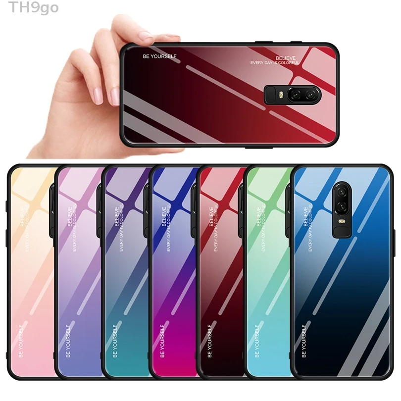 Hybrid Bumper Gradient Case For OnePlus 6T Tempered Glass Shockproof Back Cover |