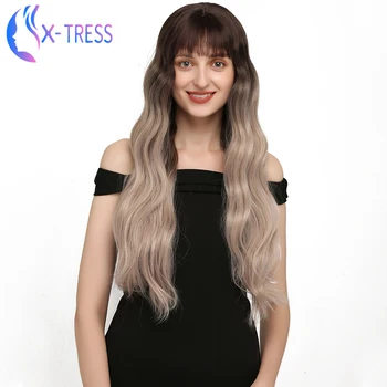 

Synthetic Ombre Grey Wigs For Women 26 Inches Long Natural Wave X-TRESS Wig With Bangs Lolita Cosplay Wig