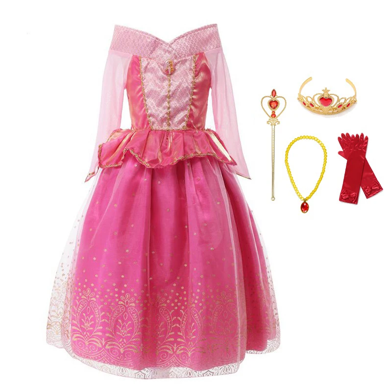 

Cosplay Sleeping Beauty Aurora Dress Princess Costume Fancy Dresses Children Sequins Rose Ball Gown Kids Halloween Party Costume