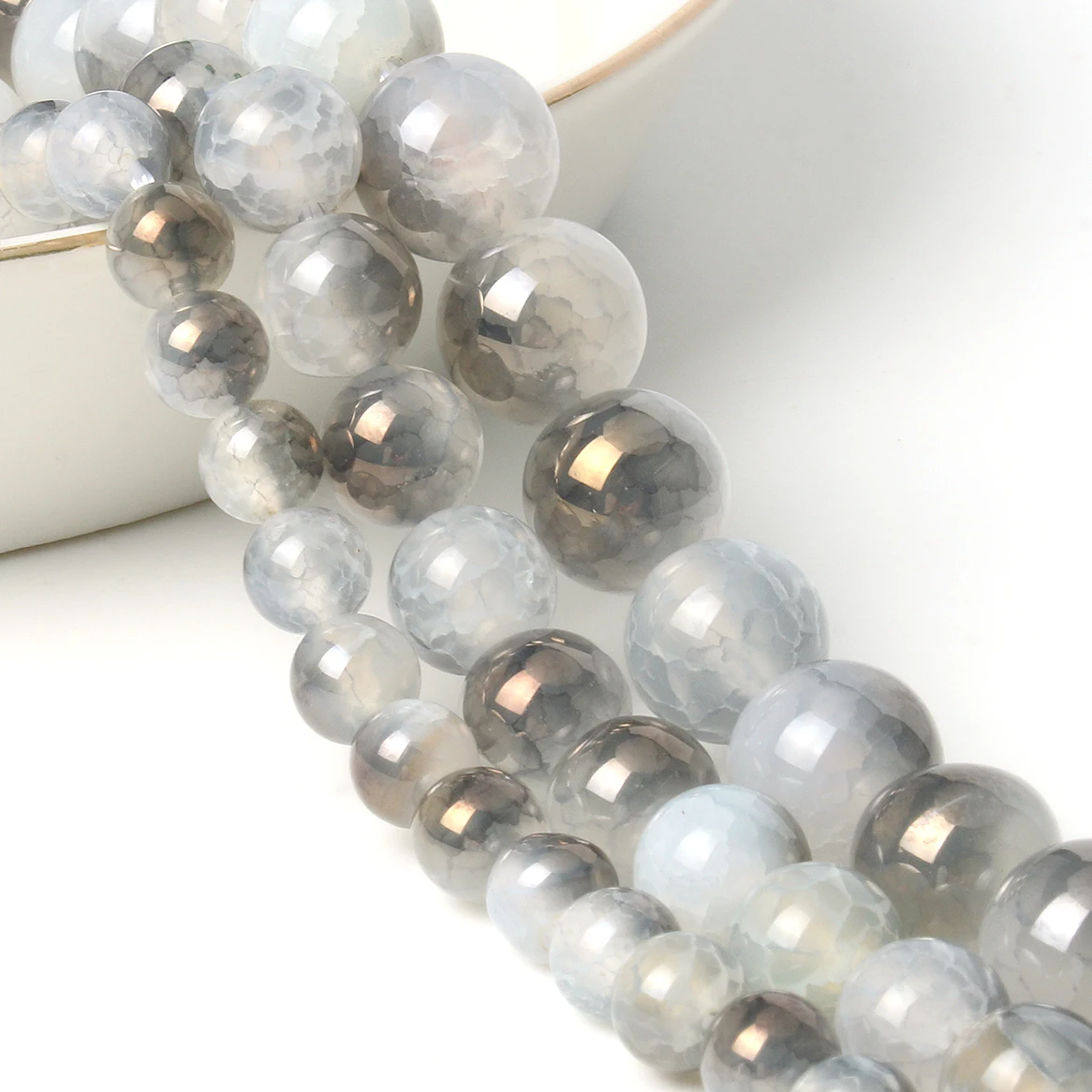 6/8/10mm Natural Glitter Gray Cracked Crystal Agates Stone Round Loose beads For Diy Jewelry Making  Bracelet Accessories 15''